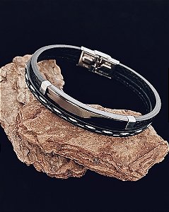 Pulseira Dupla Preta c/ Passante Preto 21cm - Couro