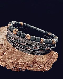 Pulseira Quadrupla Marrom c/ Pedras Naturais - Couro