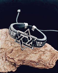 Pulseira Estrela de Davi 1cm Ajustável - Couro
