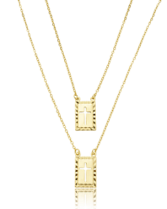 Escapulário Elo Português Placa com Friso e Cruz Vazada 70cm - Banho de Ouro 18k