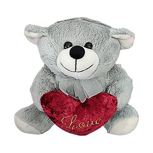 Ursinho de Pelúcia Urso Cinza Encanto Love Coração Antialérgico 16cm