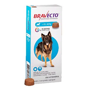 Bravecto 20 a 40kg Tratamento Antipulgas e Carrapatos Tablete Mastigável 1000mg Para Cães MSD Saúde Animal