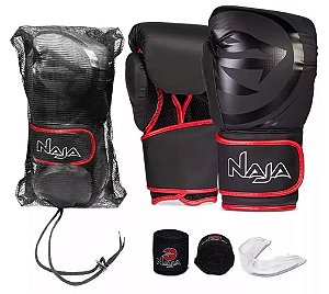 Kit Luvas De Boxe E Muay Thai Naja Black Line + Bandagem + Protetor Bucal + Bolsa Bag