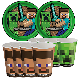 Kit Festa Pratos e Copos para Aniversário Comemoração - Jogo Minecraft - 16 un Cada - Festcolor