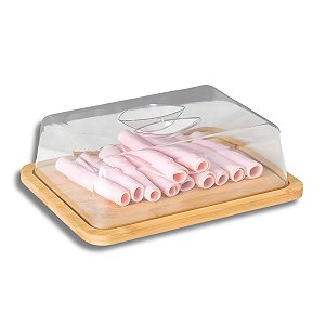 Porta Frios Queijos e Embutidos Bambu Com Tampa Acrílica Para Geladeira Class Home
