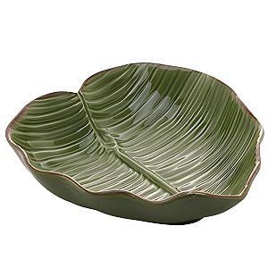 Folha Decorativa Travessa Cerâmica Verde Decoração Sala Cozinha - 28,5cm - Class Home