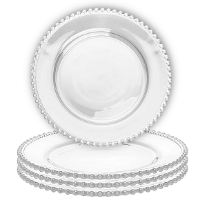 Kit 4 Pratos Rasos de Cristal de Chumbo Pearl com Borda Delicada para Servir Mesa Posta 28cm - Wolff