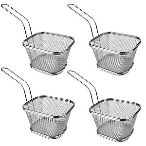 Kit 4 Cestas Aço Inox Com Alça Para Servir Frituras Porções Aperitivos Petiscos 10,5x9x6cm - Ke Home