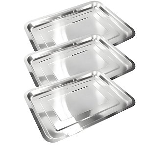 Kit 3 Bandejas Retangular de Inox 32x22cm Ideal para Servir Acomodar Alimentos e Bebidas - Ke Home