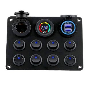 Painel Comando Náutico 8 Funções Voltímetro USB 12V Lancha