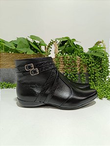 Bota Cano Curto Baixa Com Detalhes Couro Feminina Confort