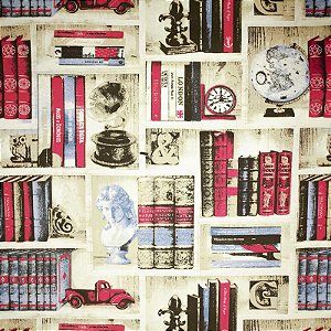 Tecido Estampa Prateleira Livros Vermelho Azul - 4356