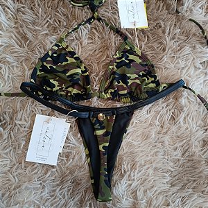 Conjunto - Top micro + calcinha bronze 5 frente maior  - Militar com preto cirrê