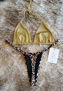 Conjunto - Top Duo + Calcinha Bronze 6 - Oncinha Bege