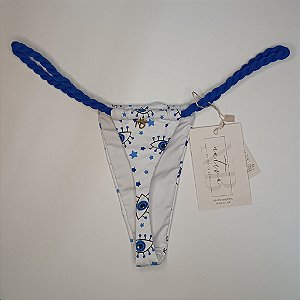 Calcinha Cortininha Cós Torcido Super Fio 21 - Olhinhos + Azul Royal Liso
