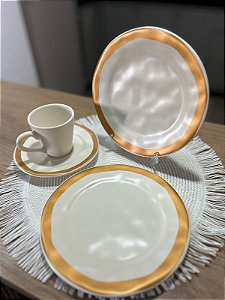 Conjunto de prato sobremesa bege c/ filete amassada 6 peças