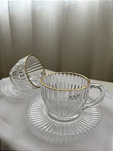 Conjunto de xícaras cristal chá 200ml 4 peças fio dourado