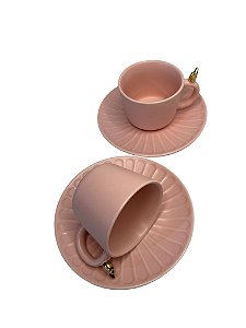 Conjunto 2 Xícaras de Chá de Cerâmica Com Píres Woff 170ml -Rosa