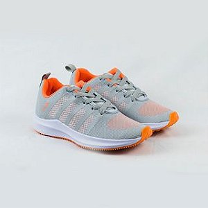 Tênis Esportivo Feminino Cinza Com Laranja