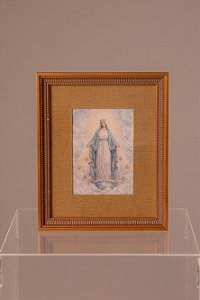 Quadro em Madeira com Linho Amarelo - Nossa Senhora das Graças em Aquarela