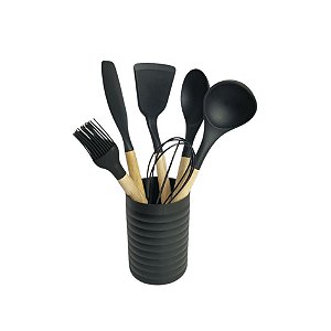 Kit 7 Utensílios de Cozinha em Silicone e Cabo de Madeira BK