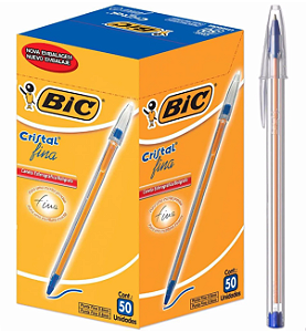 Caneta Esferográfica Azul Fina BIC caixa com 50 unidades CRISTAL FINA 0.8mm AZU BIC