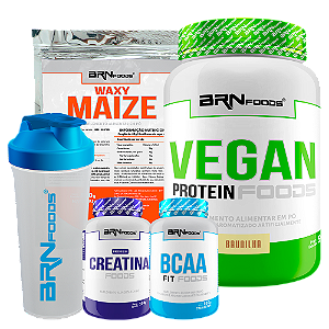 Kit Vegan Protein 500g + Waxy Maize 800g + BCAA 100g + PREMIUM Creatina 100g + Coqueteleira - BRN Foods