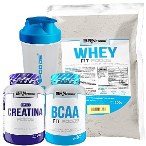 Kit Whey Protein Fit Foods 500g + Premium Creatina 100g + BCAA 100g + Coqueteleira 600ml - BRN Foods