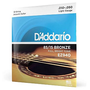 Encordoamento D'Addario 85/15 Bronze EZ940 Para Violão Aço 12 Cordas 10-50