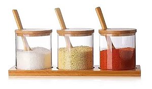 Kit 3 Potes de Bambu C/Colher e Suporte 29,5cmx8cmx9,5cm.