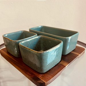 Petisqueira em Madeira e Cerâmica Verde com 3 Bowls.