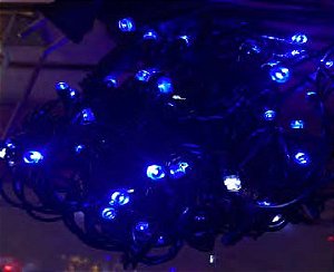 Pisca 100 LEDS Azul e fio verde Ø1,8mm com 20 Strobos brancos IP65 Externo 220V 10 metros.
