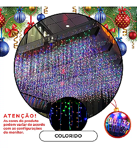 Cascata De Natal 100 LEDS Luz Colorida 8 Funções tomada macho / fêmea 3,00m 220V.