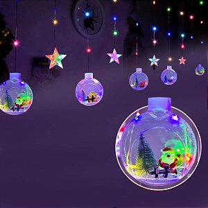 Cascata com 135 LEDs Coloridos 5 estrelas e 5 bolas figuras natalinas 3 metros bivolt.