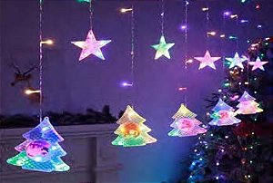 Cascata com 110 LEDs Estrela com estrela e estrela com árvore ambas 9 colorido e 9 branco quente 2,5 metros bivolt.