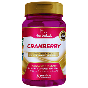 Cranberry com Vitamina C e Zinco – 30 Cápsulas | Herbolab – Imunidade e Saúde Urinária Feminina