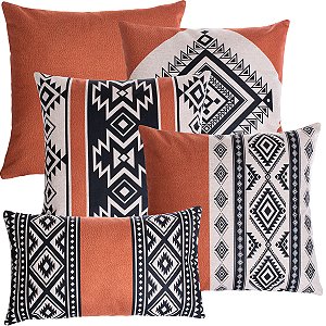KIT 4 CAPAS ALMOFADAS LINHO TRIBAL TERRACOTA 45x45 1 CAPA 30X50
