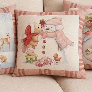 CAPA DE ALMOFADA LINHO BONECO DE NEVE NATAL ROSE 45x45