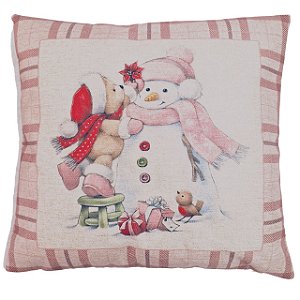 CAPA DE ALMOFADA LINHO BONECO DE NEVE NATAL ROSE 45x45