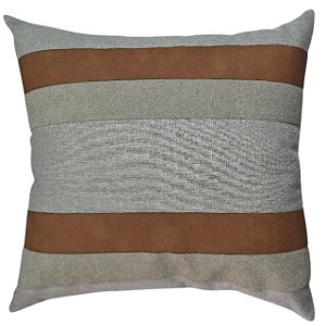 CAPA DE ALMOFADA LINHO COM APLICACAO COURO CARAMELO 50X50 CM