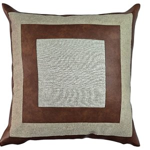 CAPA DE ALMOFADA LINHO COM APLICACAO COURO MARROM 50X50 CM