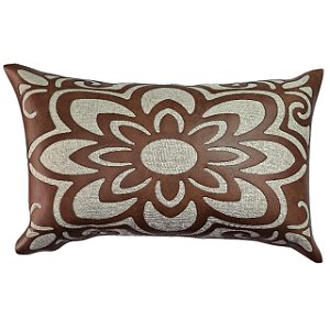 CAPA ALMOFADA RETANGULAR  LINHO APLIQUE COURO MARROM 30X50CM