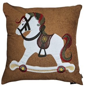 CAPA DE ALMOFADA  BOUCLE  BORDADA CAVALO COM POMPOM NATAL 50X50CM