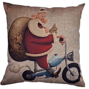 CAPA DE ALMOFADA LINHO NATAL PAPAI NOEL NA MOTO 50X50CM