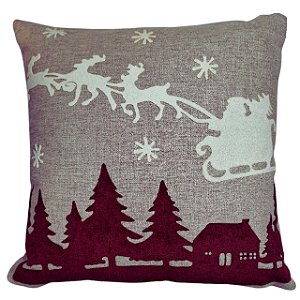 CAPA DE ALMOFADA LINHO APLIQUE BOUCLE NATAL TRENO 45X45 CM