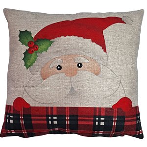 CAPA ALMOFADA LINHO PAPAI NOEL NATAL XADREZ VERMELHO 45x45CM