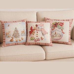 Kit 03 CAPAS DE ALMOFADA LINHO TEMAS DE NATAL ROSE 45x45