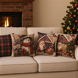 Kit 04 CAPAS DE ALMOFADA LINHO TEMA NATAL VERMELHO 45X45CM