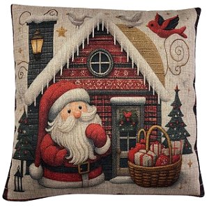 CAPA DE ALMOFADA LINHO CASA  PAPAI NOEL NATAL VERMELHO 45x45