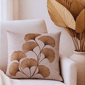 CAPA DE ALMOFADA LINHO FOLHAS RAMOS TERRACOTA 45X45CM